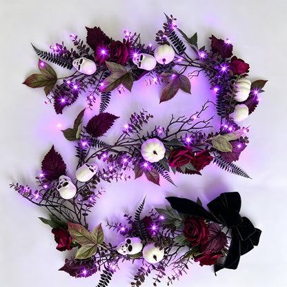 HipTree 6ft Gothic Halloween Garland with Lights, Spooky Eucalyptus Fall Decor with Skulls, Burgundy Roses & White Pumpkins, Battery Timer for Mantle Fireplace Staircase Indoor Outdoor Harvest