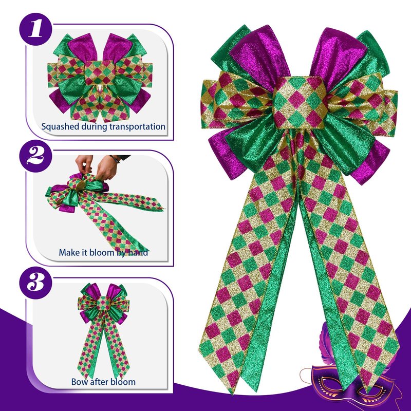 2 Pcs Mardi Gras Bows for Wreaths Decorations,12”x20” Large Glitter Tree Topper Bow Decor for Holiday Party Wall Home Front Door Float Golf Cart Gold Green Purple