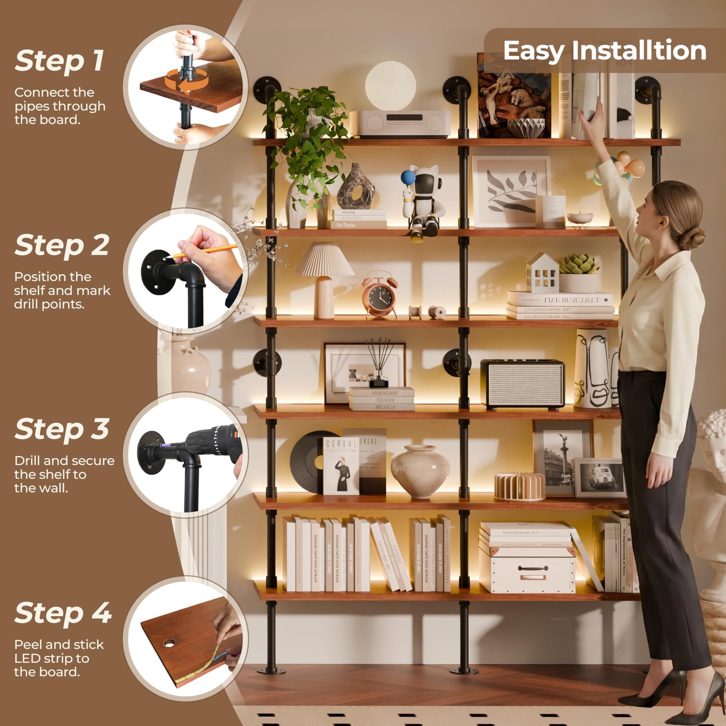 Anynice 6-Tier Ladder Shelf with Warm LED Light Strip, Solid Pine Wood Wall Mounted Bookshelf in Walnut Brown, 60-Inch Industrial Pipe Bookcase for Living Room, Bedroom, Home Office