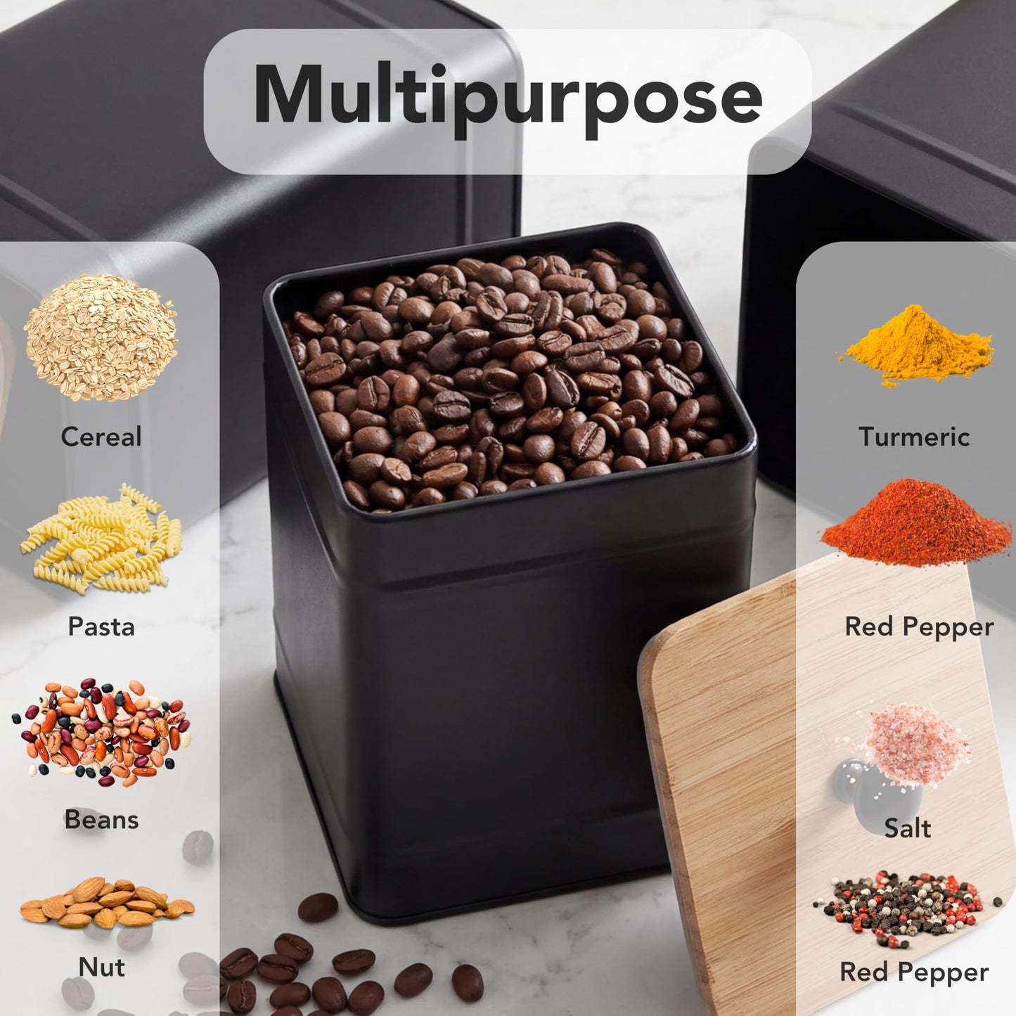 PERFNIQUE Kitchen Canisters for Countertop Set of 3, Airtight Canisters Sets for the Kitchen Counter with Lid, Metal Farmhouse Food Storage Containers Jars for Flour Sugar Coffee Tea Spice (Black)