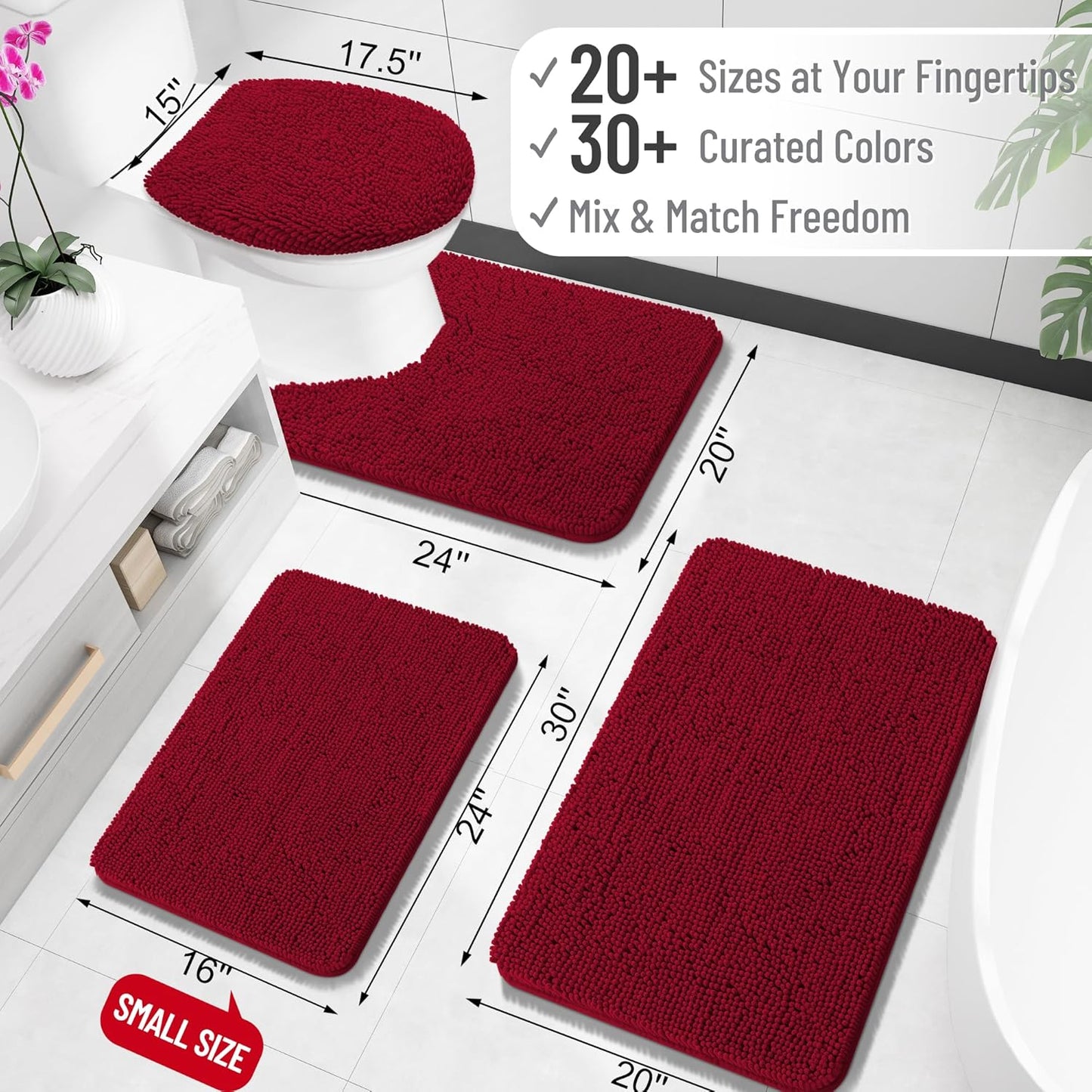 OLANLY Large Bath Rugs - Extra Soft Chenille, Quick-Dry Rubber Backing | 40x32 Inches, Red