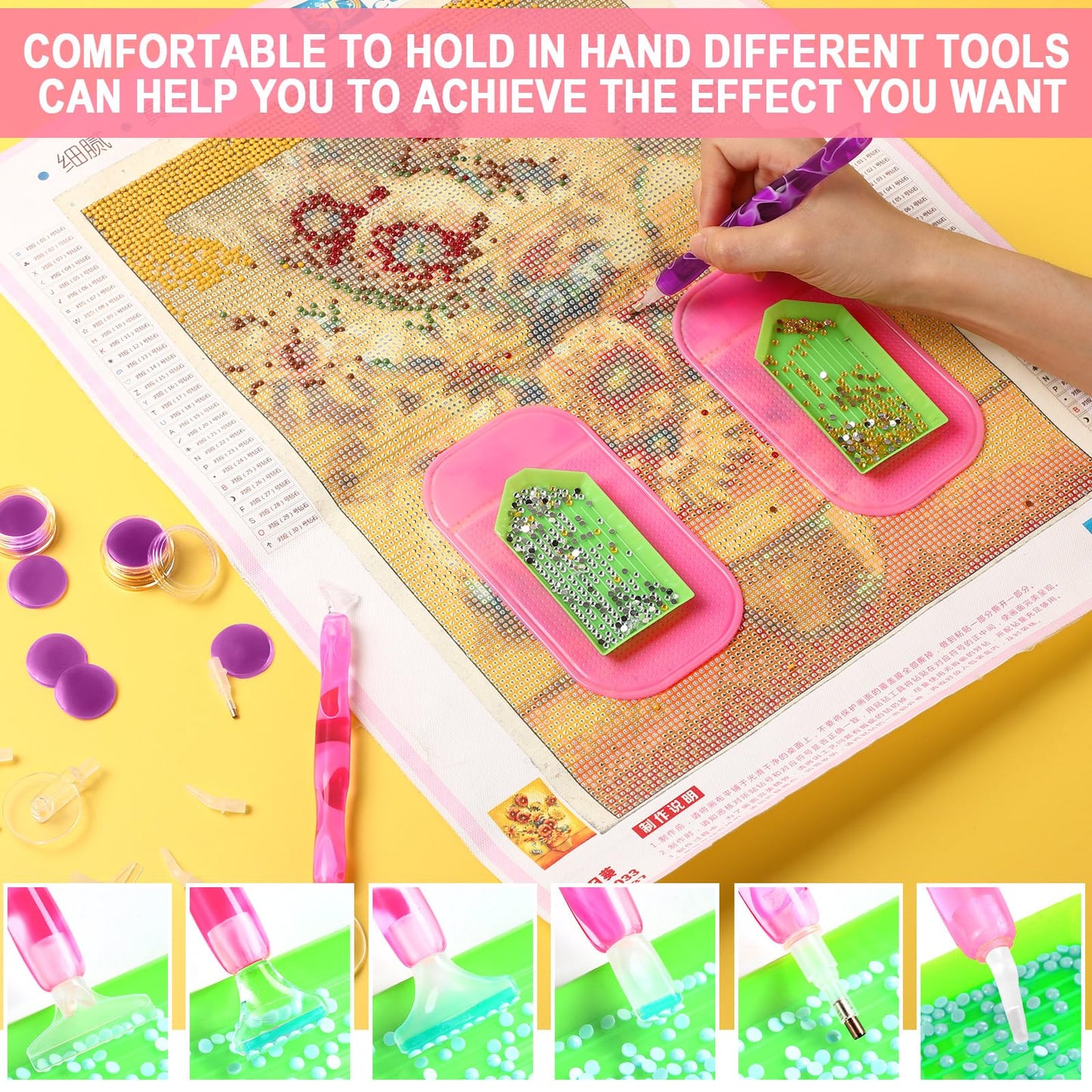 Outus 31 Pcs 5D DIY Diamond Tools Kit with Handmade Resin Painting Pens, Anti-Slip Mats, Plastic Diamond Trays, Clay Boxes, Drill Point Accessories for Adults DIY Craft(Pink, Purple)