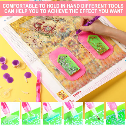 Outus 31 Pcs 5D DIY Diamond Tools Kit with Handmade Resin Painting Pens, Anti-Slip Mats, Plastic Diamond Trays, Clay Boxes, Drill Point Accessories for Adults DIY Craft(Pink, Purple)
