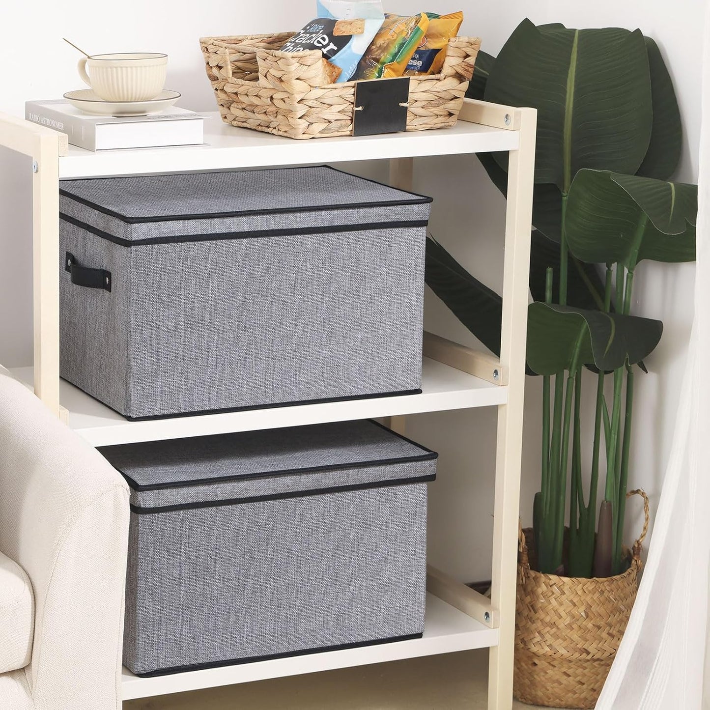 Fabric Storage Boxes, 16.5 x 11.8 x 10.2 Inch with Lids, Decorative Linen Closet Organizers, Large, Gray