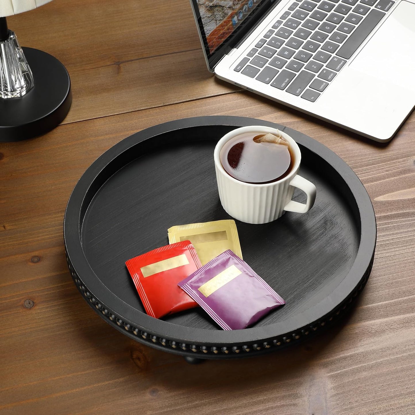 12", Bamboo Land- Round Decorative Trays for Coffee Table, Black, Wood Tripod & Beaded Design, Wooden Round Tray