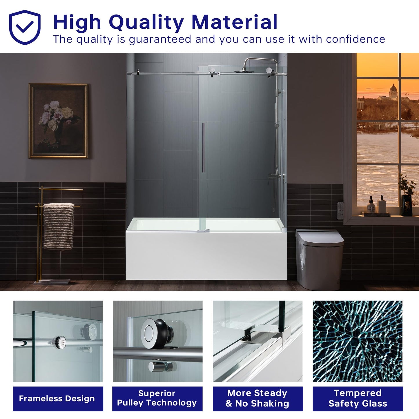 Woodbridge Frameless Bathtub Shower Doors 56-60" Width x 62" Height with 3/8"(10mm) Clear Tempered Glass in Chorme Finish
