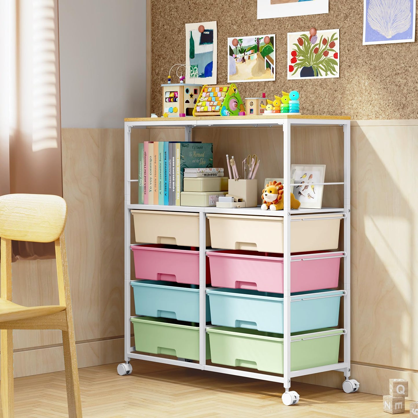 Rolling cart with 8 drawers,Storage drawer cart with wooden tabletop,Lockable wheels organizer for homeschool, arts & crafts, classroom, office & creative spaces (Colorful)