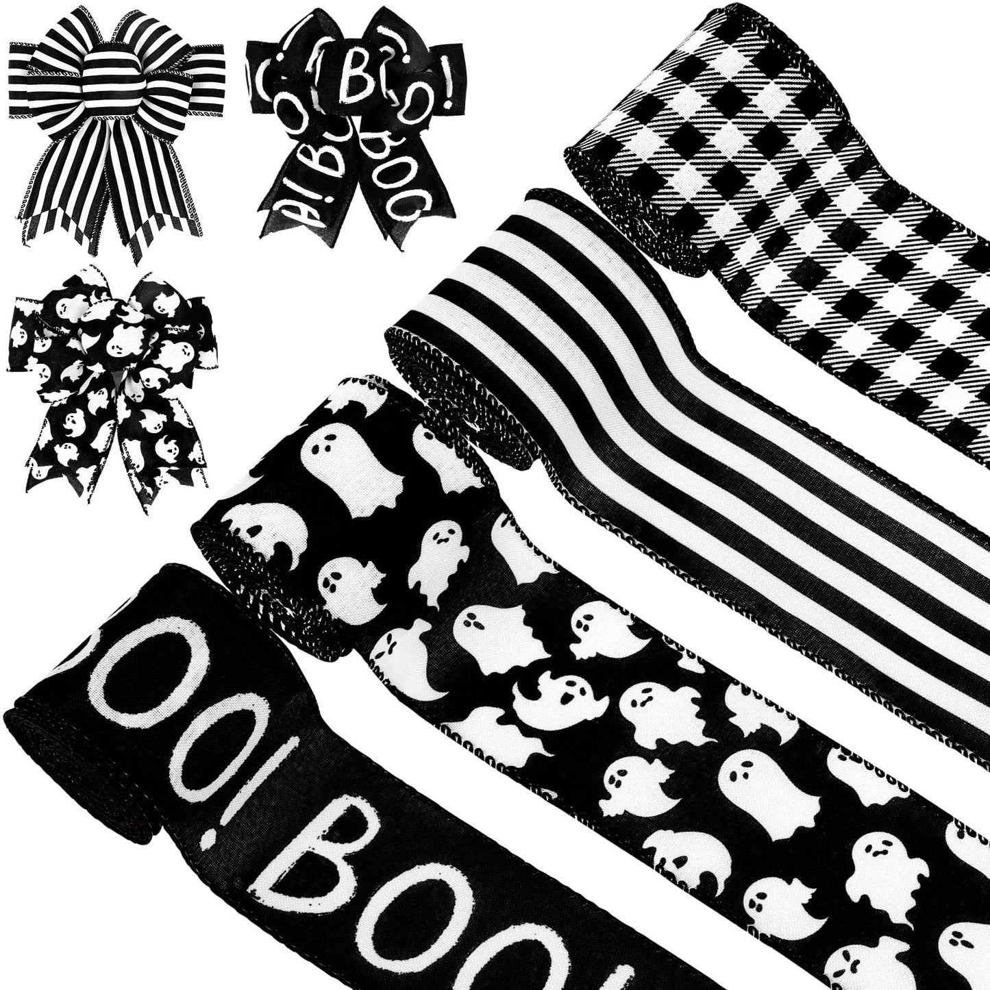 Whaline 4 Rolls Halloween Wired Ribbon Black White Ghost Pattern Gift Wrapping Ribbon Buffalo Plaid Stripe Decorative Ribbons for Crafts Bow Wreath Gift Wrapping Halloween Party Decor, 24 Yards