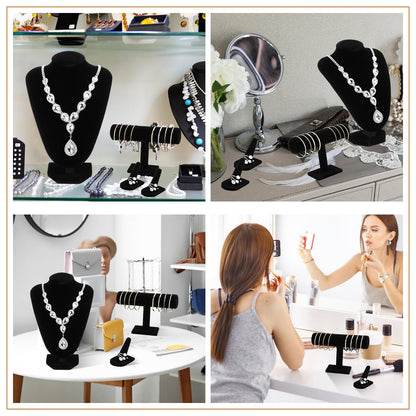 Wenqik 4 Pcs Velvet Jewelry Display Set Velvet Necklace Bust Holder Bracelet Organizer 2 Ring Finger Jewelry Holder(Black)