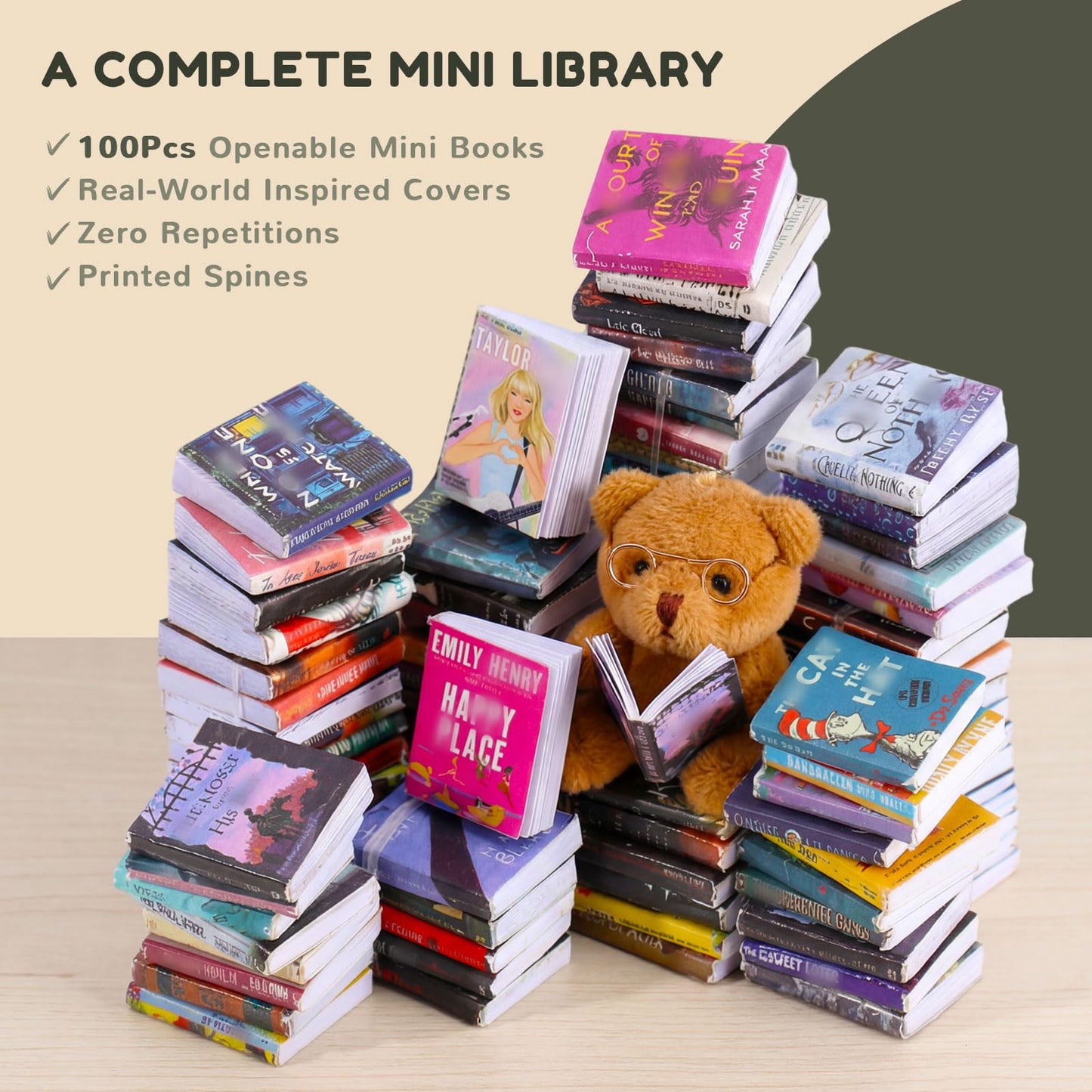 1:12 Scale Mini Desk Set with 100 Mini Books & 2 Bookshelves — Miniature Dollhouse Furniture Set with Office Chair, Computer & 15+ Accessories — Mini Desk Accessories for Doll House Diorama