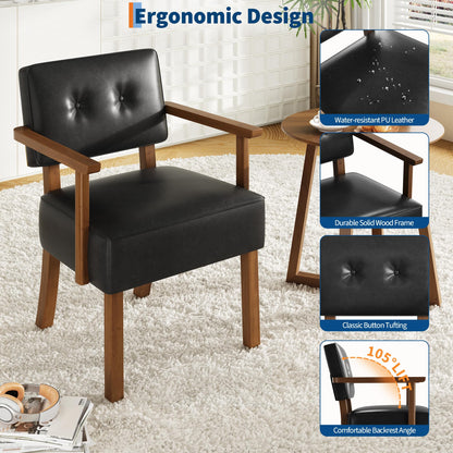 Garvee Mid-Century Accent Chair Set of 2 with Wood Frame, PU Leather Upholstered Lounge Arm Chair with Classic Button Tufting Reading Leisure Chair for Living Room, Bedroom, Balcony, Black