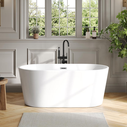 DeerValley 55" Acrylic Freestanding Bathtub, Deep Soaking Tub with Center Drain & Integrated Overflow, White Standalone Shower Tub Ergonomic Design, DV-1T0582