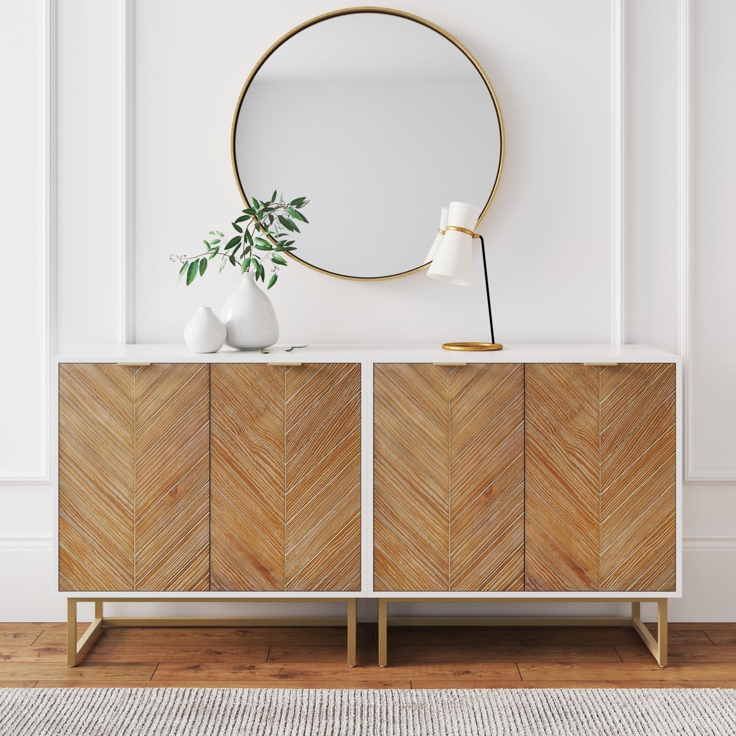 Nathan James Enloe Modern Storage Free Standing Accent Cabinet TV Stand with Doors in a Rustic Pine Wood Finish and Gold Metal Base for Hallway, Entryway or Living Room, Brown/White/Gold, Set of 2