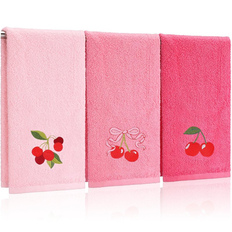 Tingjoo 3 Pcs Cherry Hand Towels 14x29 Inch Spring Summer Pink Preppy Bow Cherries Bathroom Decor Cotton Embroidered Soft Absorbent Towels for Bathroom Kitchen
