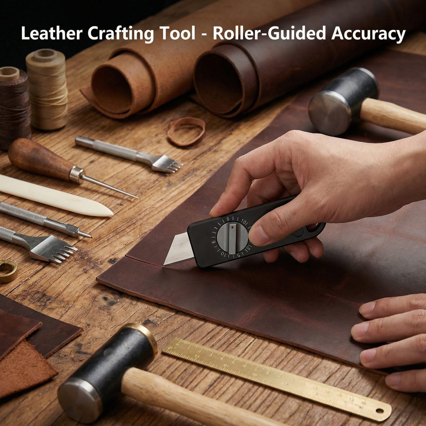 Fortedgear EDC Utility Knife with Precision Scale Knob, CNC Aviation Aluminum Box Cutter, Roller Guide Leather Craft Tool for Paper & Mailroom, Includes 10 SK2 Blades & Gift Box (Black)