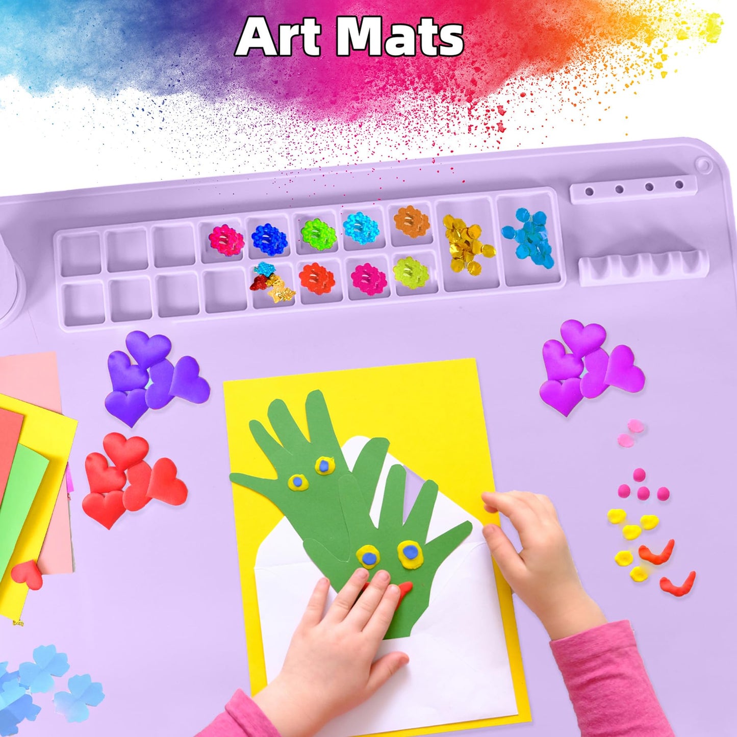 YESCOO Silicone Painting Mat, 20"X16" Craft Mat,Large Art Mat with Built in Cup and Paintbrush Holder, Nonslip Clay Mats, Color Dividers Silicone Mats for Painting, Table, Resin and DIY Purple