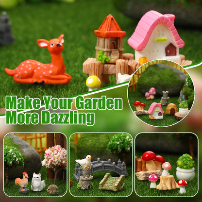 GGSTDDUP 65 Pcs Fairy Garden Accessories Mini Resin Animals Figures Miniature Table and Chairs Bridge Mushroom Pond Fence Moss Bonsai Landscape Ornaments Kit for Garden DIY Craft