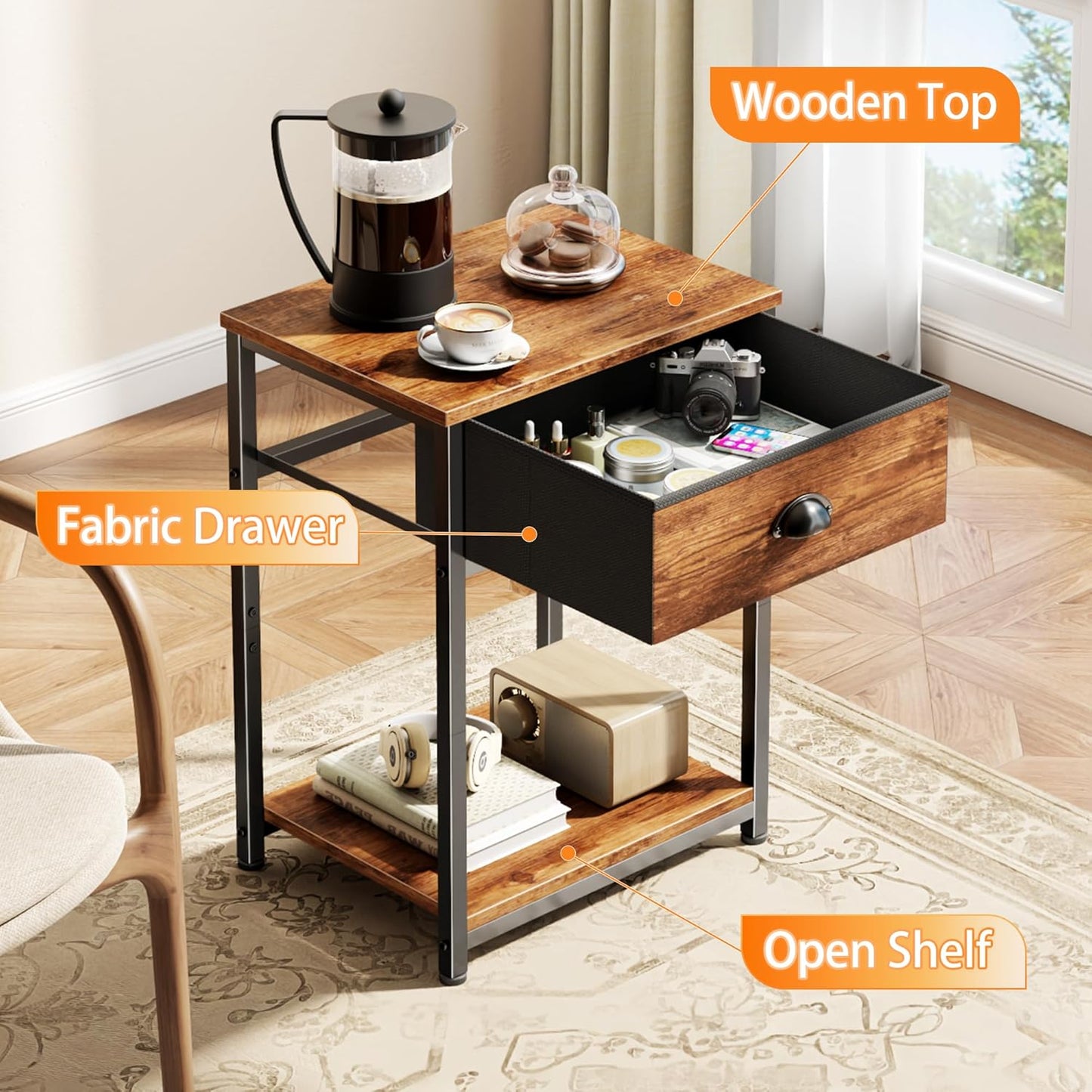 2 Furologee End Table with Storage Shelf and Fabric Drawer, Tiers Industrial Nightstand, Bedside Table Organizer