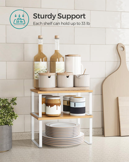 SONGMICS Cabinet Organizer Shelf, Set of 2 Kitchen Counter Shelves, Kitchen Storage, Spice Rack, Stackable, Expandable, Metal and Engineered Wood, Ink Black and Natural Beige UKCS02NB