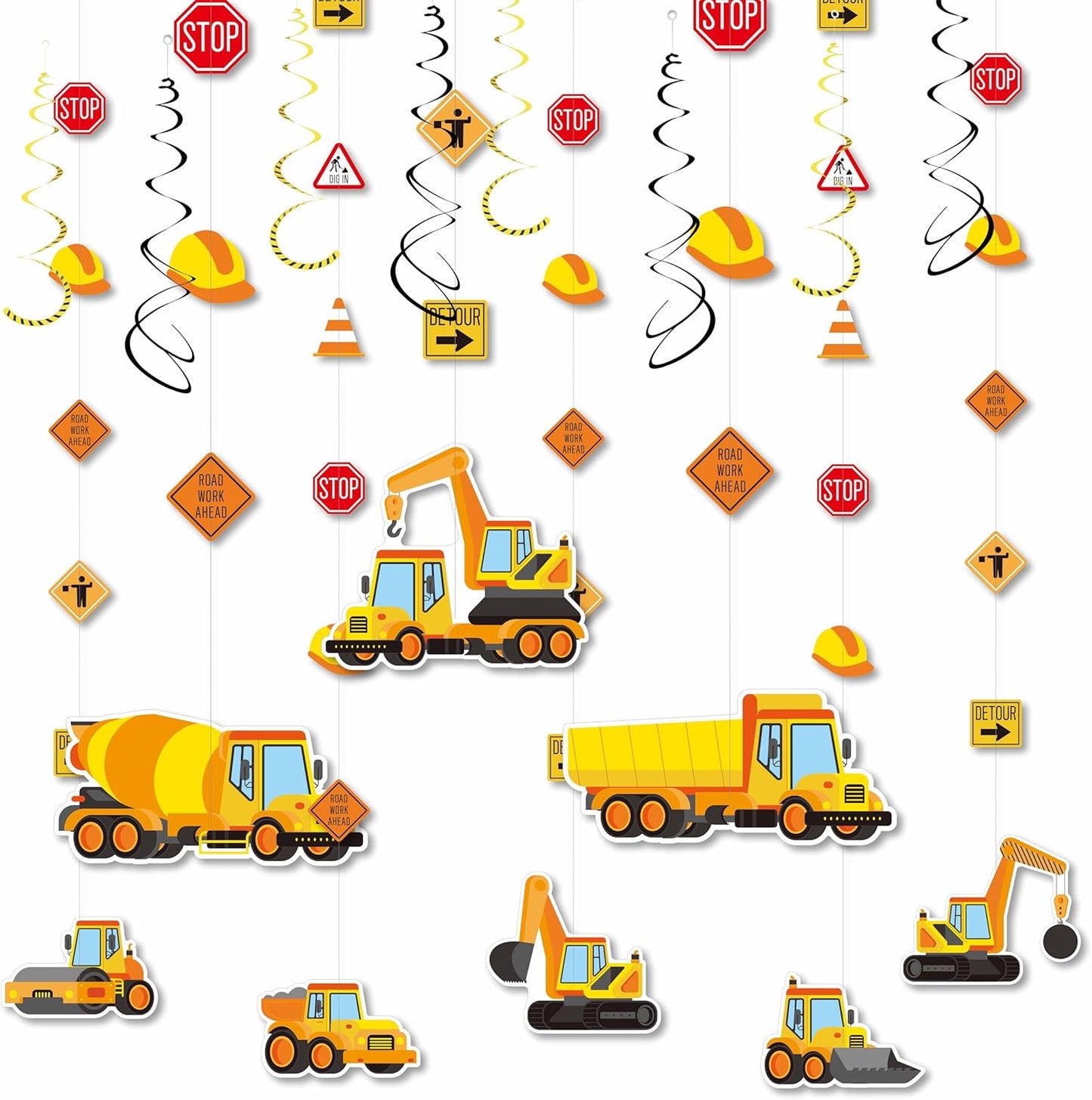 16Pcs Set Construction Theme Party Hanging Decorations Swirl with Trucks, Traffic Cone & Safety Symbols | Party