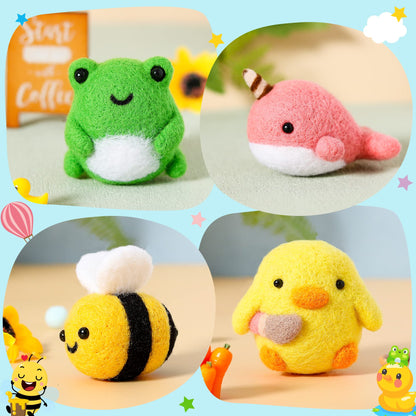 WATINC Set of 4 Cute Animal Needle Felting Starter Kit Frog Chick Bee Narwhal Animal Doll Wool Felting Tools Felt Needles Foam Mat DIY Needlework Craft Party Supplies for Beginners Adults