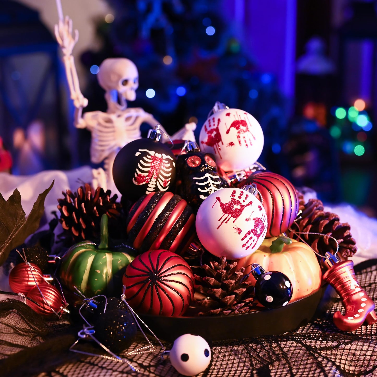 Valery Madelyn Halloween Ornaments Tree Decorations Indoor, 40ct Medium Set Variety Shatterproof Scary Skeletons Owl Bats Hanging Ball Ornaments Set for Small Tree, Spooky Holiday Party Home Decor