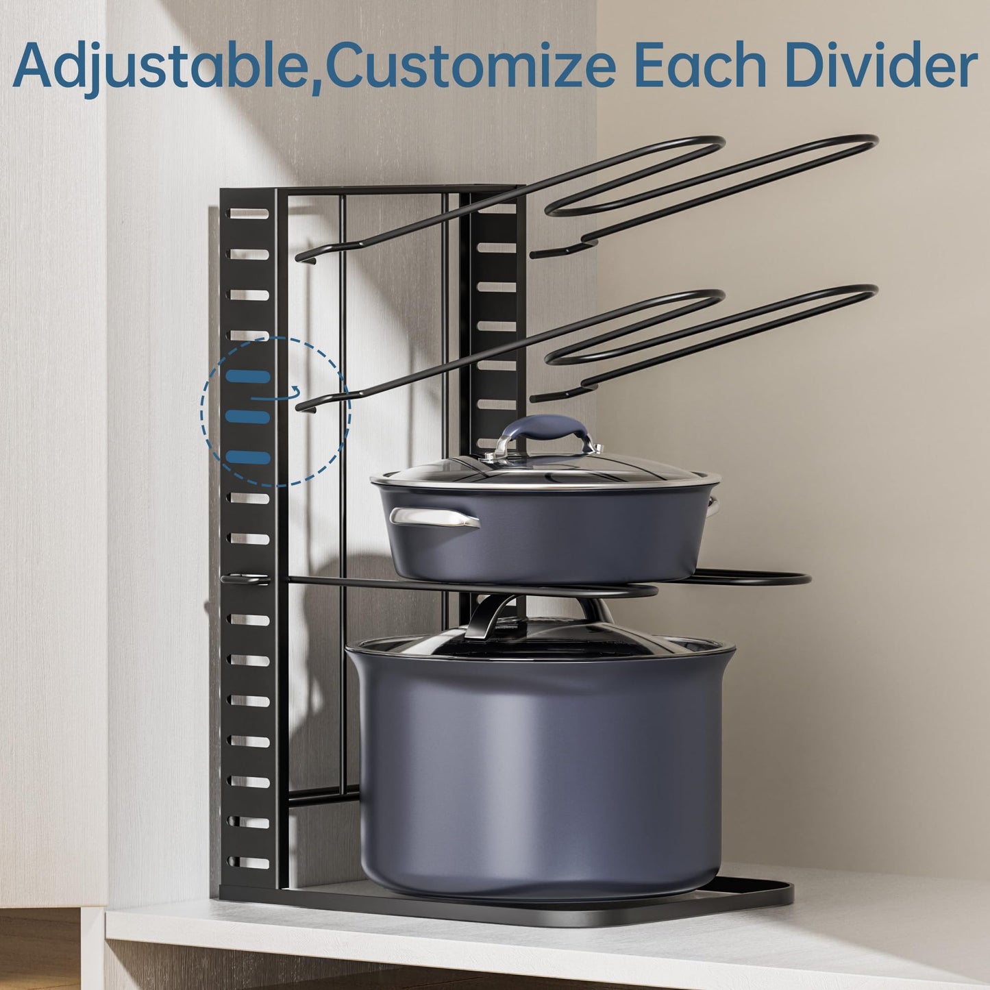 ORDORA Pots and Pans Organizer for Cabinet 16.61'' Height, 8 Tier Pot Organizers Rack with 3 DIY Methods, Adjustable Pan Organizer under Cabinet Kitchen Organization and Storage