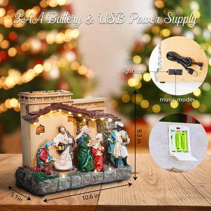 Lighted Christmas Nativity Set Indoor 9.3 Inch Village Resin Stable Manger Nativity Figurine with Music, Battery Operated Light up Tabletop Decorations for Interior Holiday Displays Ornament Gift