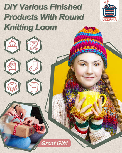 UCDRMA Loom Knitting Kit with Yarn, 23PCS Round Knitting Loom Kit for Beginners Including Instructions and Pom Pom Maker, Easy & Quick Hat Knitting Loom Set/Scarf Loom Knitting Set for Family