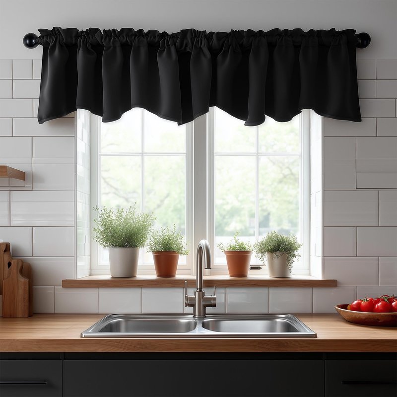 Deconovo Black Valances for Windows, Scalloped Valance for Kitchen Living Room Bedroom Bathroom, Short Curtain, Black Out Small Drape, Rod Pocket, Machine Washable, 52x18 Inch, 1 Panel