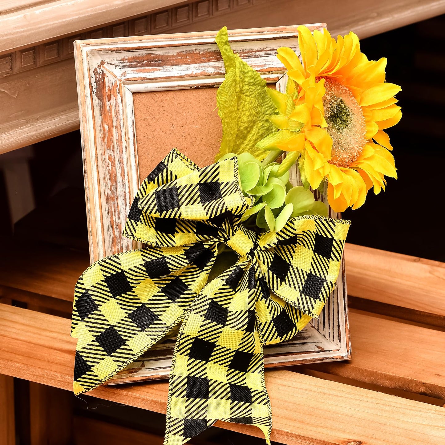 Ribest Bumble Bee Ribbon Wired, 2-1/2 Inch Polka Dot Striped Plaid Black and Yellow Decorative Ribbon for Wreaths Crafts Gift Wrapping Bows Making Summer Decoration, 4 Rolls Total 20 Yard