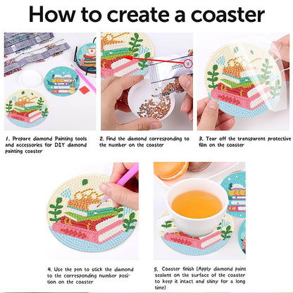 8 Pcs Book Diamond Art Coasters Kit for Adults, Book Lovers Wooden Coffee Diamond Painting Coasters with Holder, 5D Gem Art Dots Painting Coaster with Cork Pads - Crafts Supplies for Home Decor