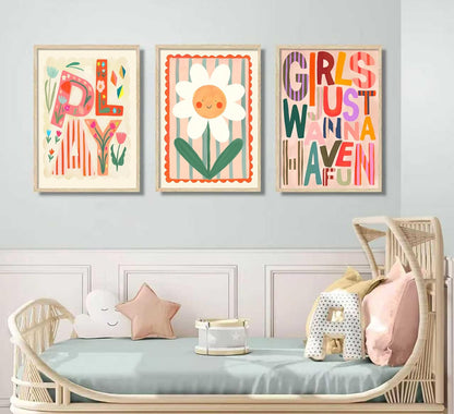 12x16 Inch, Set 3 Boho Floral Sun Nursery Wall Art Girls Just Wanna Have Fun Positivity Affirmation Rainbow Print
