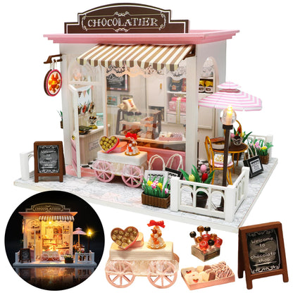 Miniature House Kit, Miniature Dollhouse for Beginners, DIY Dollhouse Kit for Adults to Build, Model Building Craft Diorama Kit, Ideal Gifts for Birthday Christmas(Chocolate Shop)