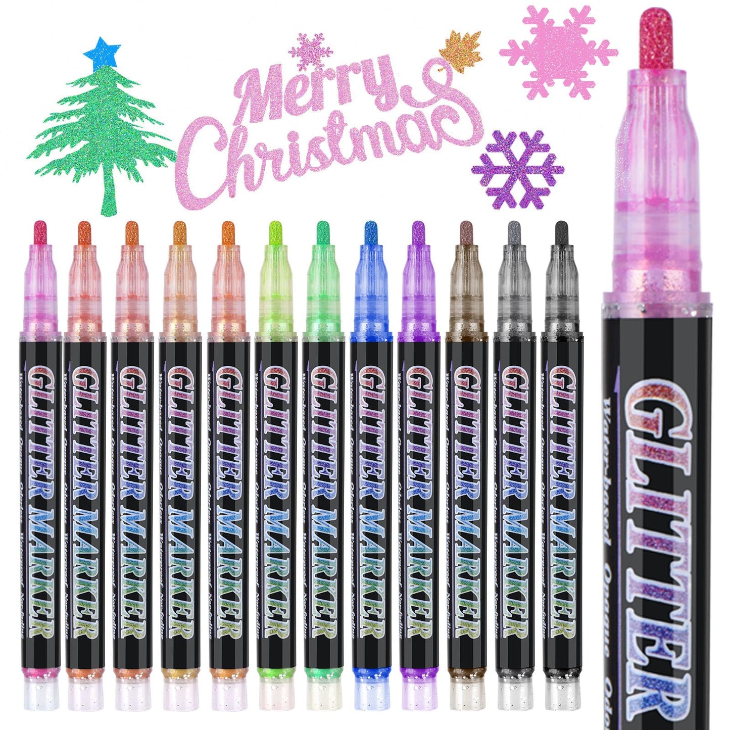 OLINGYOU Glitter Marker Pens,12 Colors Self-Shimmer Metallic Markers,Glitter Paint Pens DIY Crafts Greeting Birthday Cards, Making Poster,Album,Scrapbooking,Wood