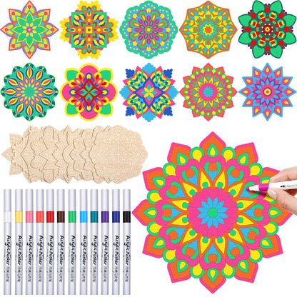 Vercraft 22 Pack DIY Wooden Mandala Art Set Diwali Crafts 10 Mandala Unfinished Wood Cutouts 12 Markers Lotus Flower Wood Painting Kits for Adults Painting, DIY Crafts Home Decors(Floral Style)