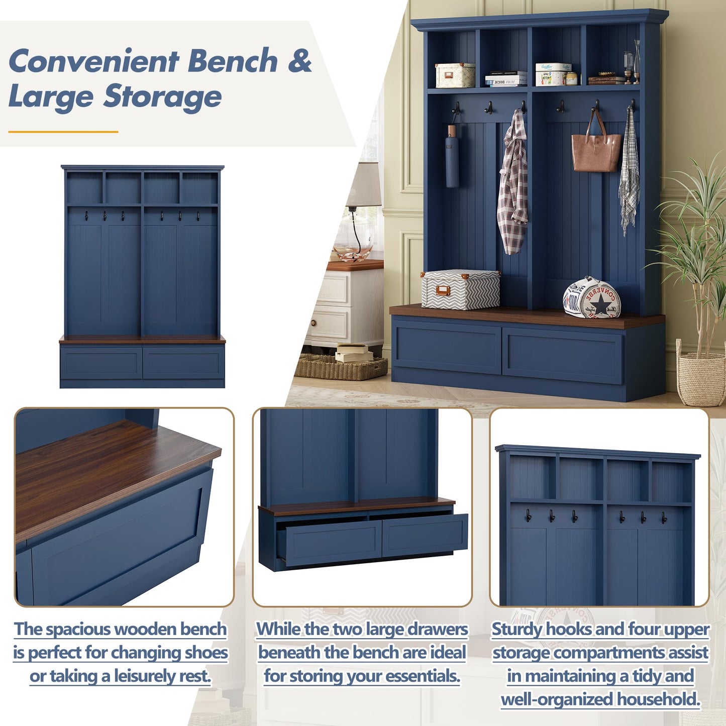 Merax Wood Hall Tree with 6 Hooks & Entryway Bench, Farmhouse Mudroom Versatile Coat Racks with 2 Large Drawers, Entrance Organizer for Hallway, Blue
