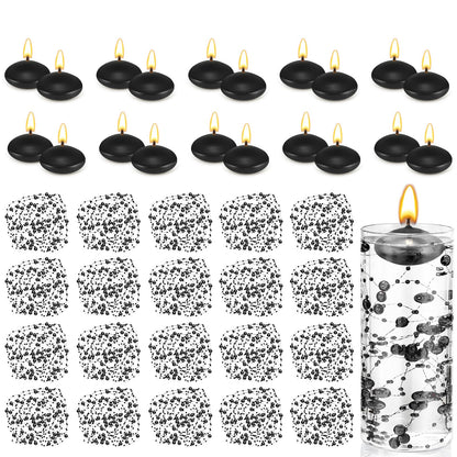 Fumete 40 Pcs Black Floating Candles with Pearl Strings, Small Unscented Floating Candles Centerpiece for Night Events, Gothic Party Table Decor, Wedding, Anniversary, Birthday, Modern Home Decor