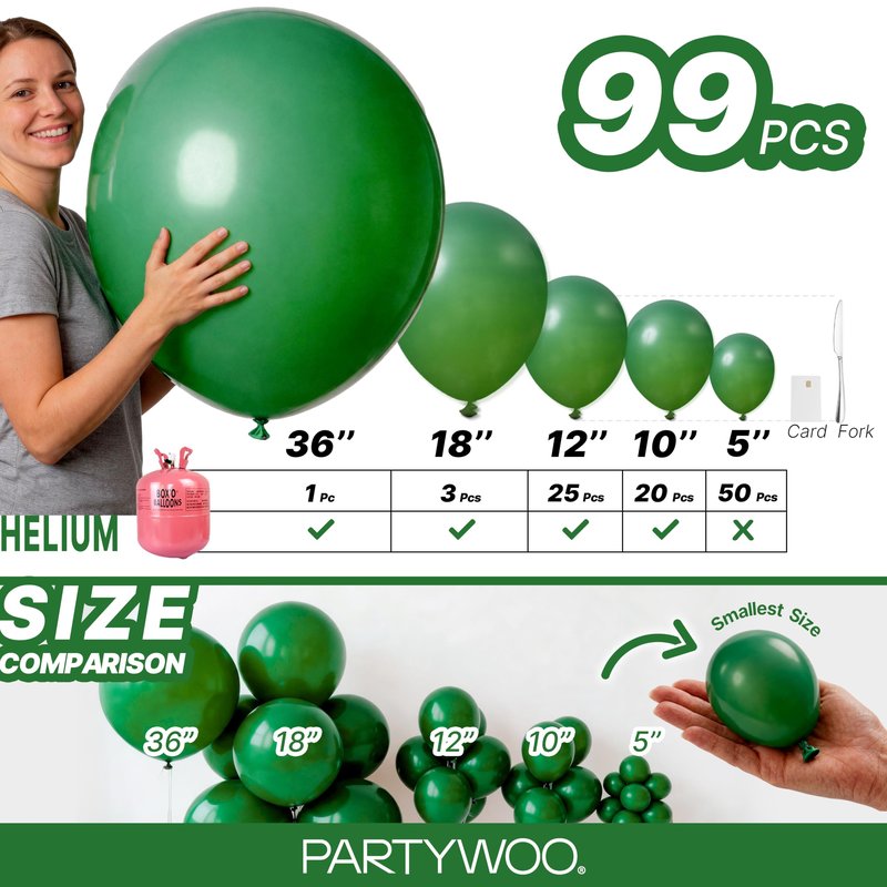 PartyWoo Dark Green Balloons 99pcs Different Sizes of 36 18 12 10 5 Inch Emerald Hunter Forest Green Balloon Arch Kit for Birthday Christmas Graduation Dinosaur Jungle Party Decorations Green-Y56