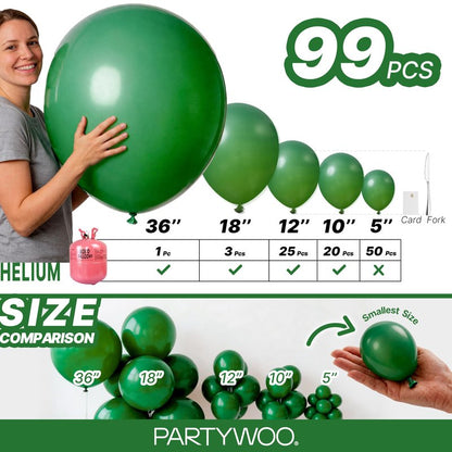 PartyWoo Dark Green Balloons 99pcs Different Sizes of 36 18 12 10 5 Inch Emerald Hunter Forest Green Balloon Arch Kit for Birthday Christmas Graduation Dinosaur Jungle Party Decorations Green-Y56