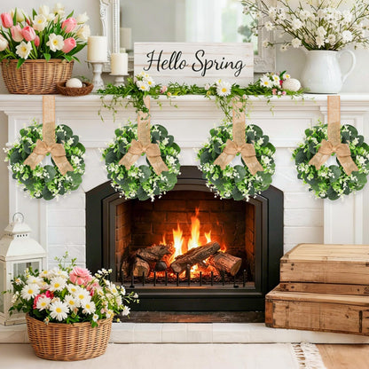 10PCS Eucalyptus Candle Rings Wreaths, Artificial Greenery Faux Kitchen Cabinet Wreath,Spring Wreath with Burlap Ribbon, Pillar Candle Holder Wreath for Porch Wall Window Farmhouse Wall Home Decor