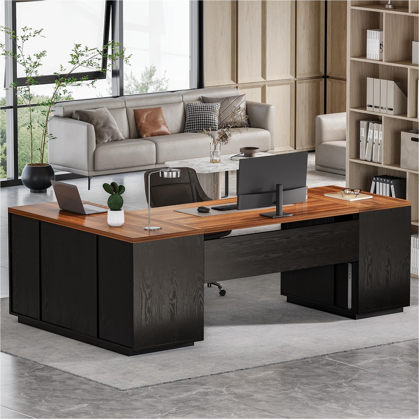 LITTLE TREE 87-Inch Modern Executive Desk with File Cabinet, Large Home Office Desk with Drawers, 3-Drawer Wooden File Cabinet, Spacious Workstation for Home Office (Brown & Black)
