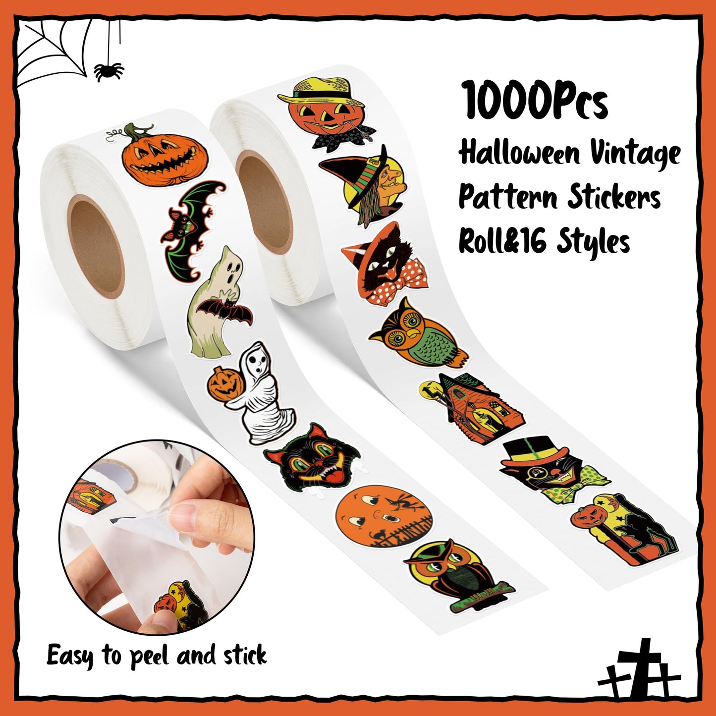 L1rabe Halloween Vintage Sticker Rolls - 1000 Piece Christmas Retro Self-Adhesive Stickers with 16 Designs, Including Pumpkin Black Cat Ghost Witche Decals for Notebooks Scrapbooking Laptop Cup