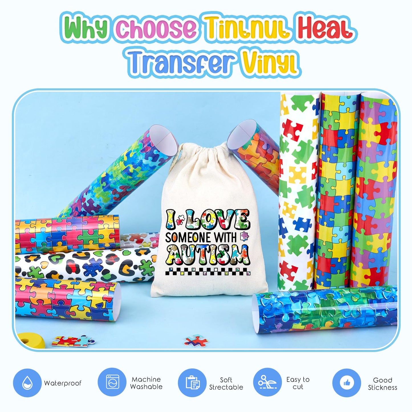 Tintnut Autism Awareness Heat Transfer Vinyl - 10 Sheets 12"x10" Watercolor Puzzle Patterned Craft Cutter HTV Vinyl for DIY T-Shirts, Apparel & Craft Projects, Compatible with All Cutting Machines