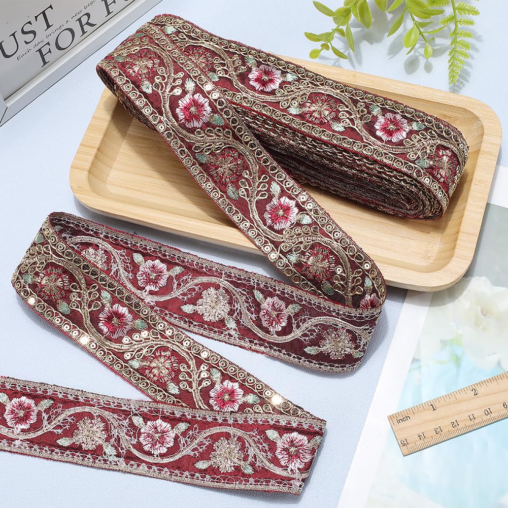 CABODYALS 10 Yards 1.6 Inch Dark Red Embroidered Ribbon Metallic Sequin Gold Floral Jacquard Trim Tape Polyester Flower Woven Embroidery Applique Ribbons for Sewing Making Clothes Crafts Dresses Decor