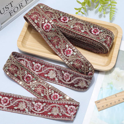 CABODYALS 10 Yards 1.6 Inch Dark Red Embroidered Ribbon Metallic Sequin Gold Floral Jacquard Trim Tape Polyester Flower Woven Embroidery Applique Ribbons for Sewing Making Clothes Crafts Dresses Decor