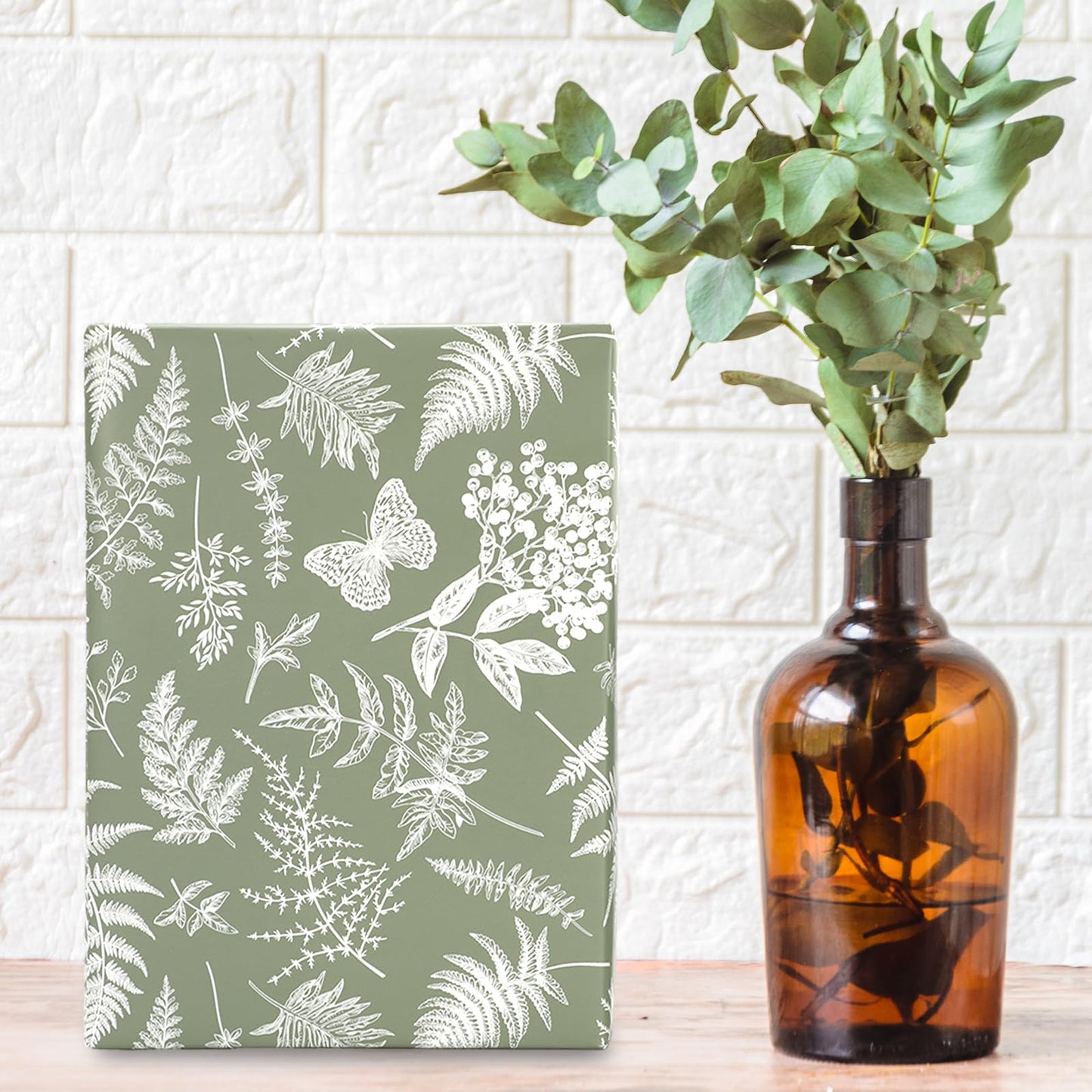 JarThenaAMCS Botanical Wrapping Paper - Mini Roll - 17 In x 32.8 Ft Sage Green Plant Leaves Gift Wrap Paper for DIY Art Crafts Wedding Birthday Holiday Party Supplies