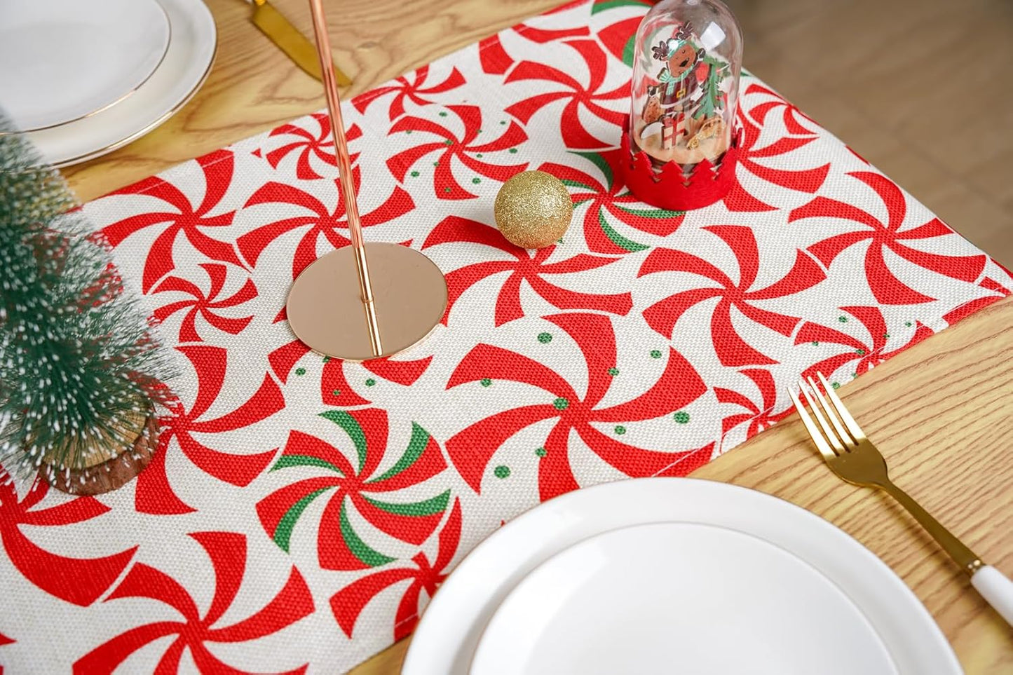 13x36 Inch Christmas Table Runner Candy Cane Swirl Lollipops Red Table Decoration for Home Seasonal Winter Xmas Holiday