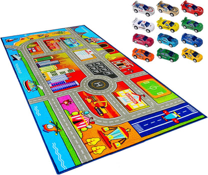 12 3+ Booooom Jackson Kids Carpet Playmat with Toy Cars for Age Colorful Non Slip City Rug for Kids Track Play Mat