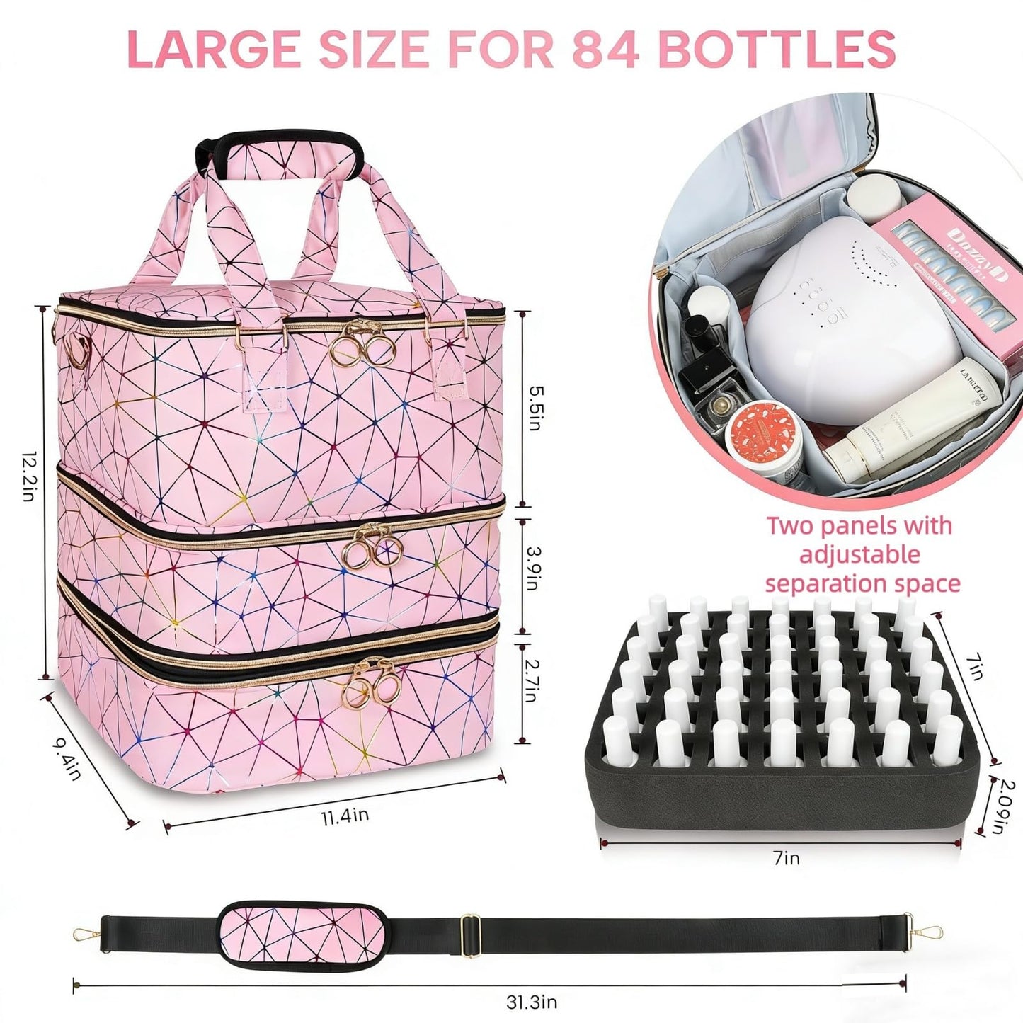MZTXY Nail Polish Organizer Bag Holds 84 Bottles & Nail Lamp, 3 Layers Nail Kit Storage Carrying Case Pu Leather, Large Nail Supplies Organizer With Shoulder Strap, Portable Travel Nail Bag,Pink